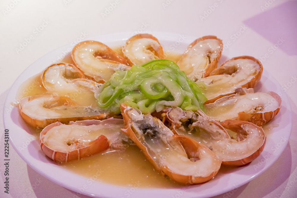 Close up shot of delicious shrimp, serve with loofah