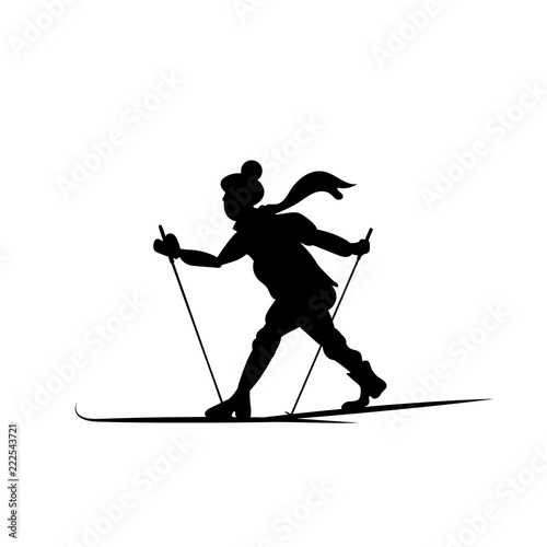 Silhouette of a skier going isolated. Lover of forest walks on the slopes. Vector illustration