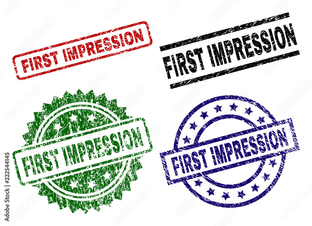 FIRST IMPRESSION seal stamps with corroded texture. Black, green,red,blue vector rubber prints of FIRST IMPRESSION text with retro texture. Rubber seals with circle, rectangle, rosette shapes. FIRST IMPRESSION seal stamps with corroded texture. Black, green,red,blue vector rubber prints of FIRST IMPRESSION text with retro texture. Rubber seals with circle, rectangle, rosette shapes.