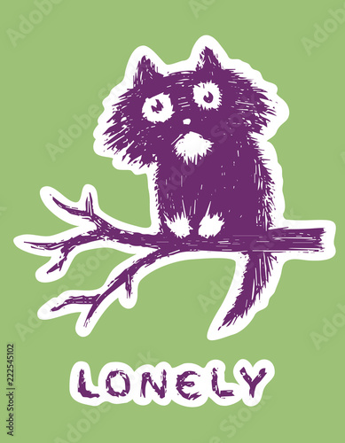 Cute fur lonly cat sits on tree branch. Vector illustration.