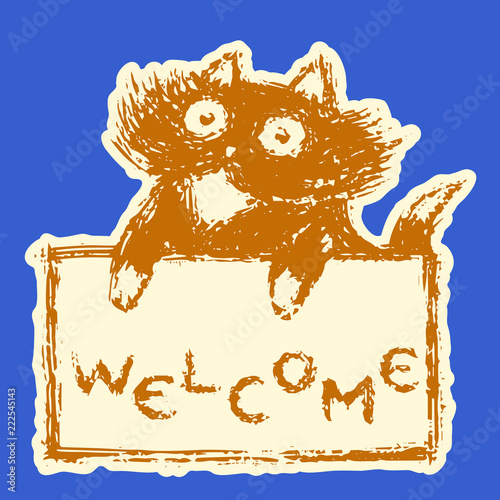 Cute fur friendly cat with tablet welcome. Vector illustration.