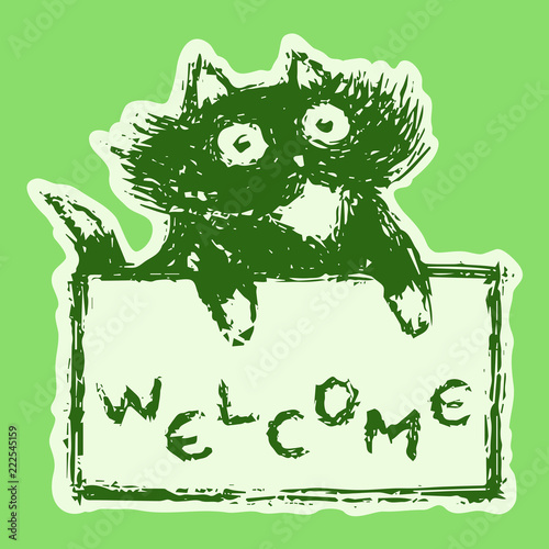 Cute fur cat with tablet welcome. Vector illustration.