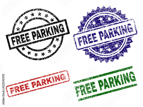 FREE PARKING seal prints with distress surface. Black, green,red,blue vector rubber prints of FREE PARKING title with scratched texture. Rubber seals with round, rectangle, medallion shapes.