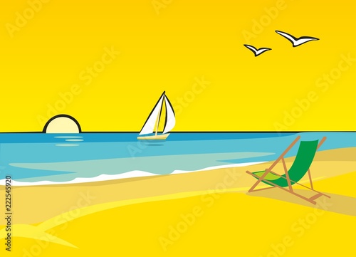 Lounge chairs on the beach. Yacht floating on the sea