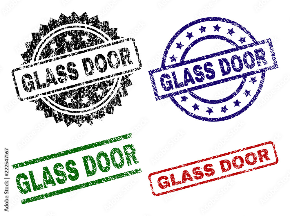 GLASS DOOR seal prints with distress surface. Black, green,red,blue vector rubber prints of GLASS DOOR title with dirty style. Rubber seals with round, rectangle, medallion shapes. GLASS DOOR seal prints with distress surface. Black, green,red,blue vector rubber prints of GLASS DOOR title with dirty style. Rubber seals with round, rectangle, medallion shapes.