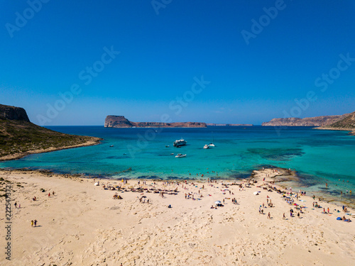 Aerial view to the beautiful bay and peninsula of Gramvousa and Balos lagoon. Amazing wallpaper, photo from drone. Crete, Greece.