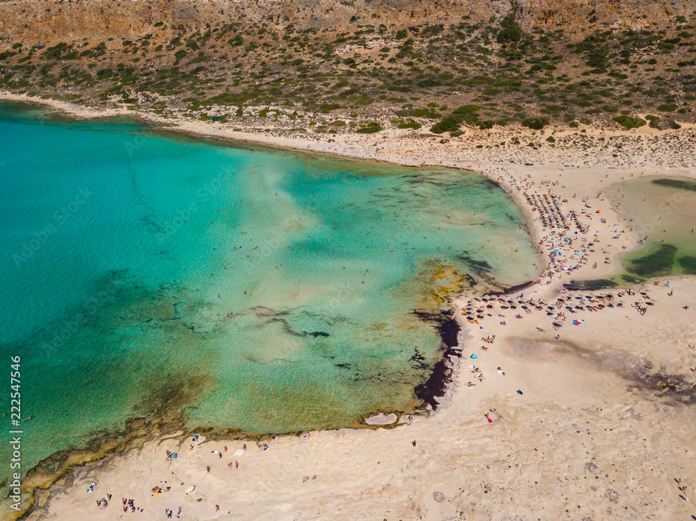 Aerial view to the beautiful bay and peninsula of Gramvousa and Balos lagoon. Amazing wallpaper, photo from drone. Crete, Greece.