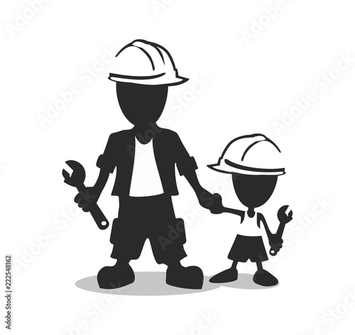 Worker holding a wrench and with your child.