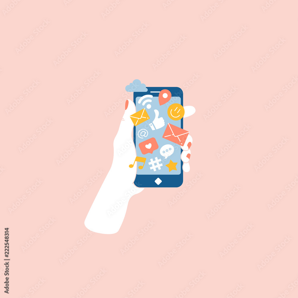 Woman hand holding smartphone with social media notifications. Vector illustration