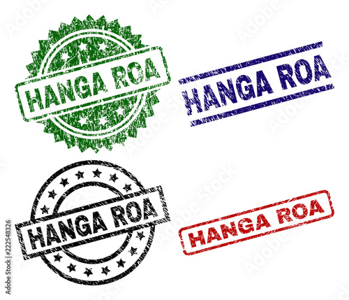 HANGA ROA seal prints with damaged surface. Black, green,red,blue vector rubber prints of HANGA ROA text with dirty surface. Rubber seals with round, rectangle, medal shapes.