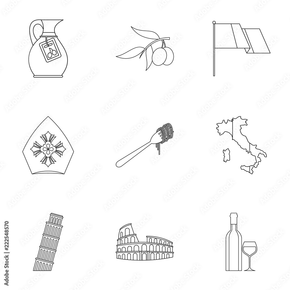 Fototapeta premium Attractions of Italy icons set. Outline illustration of 9 attractions of Italy vector icons for web