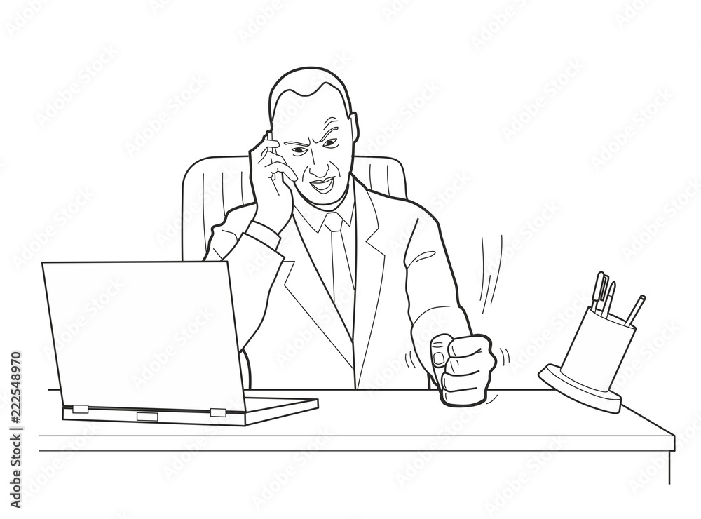 Cartoon business man angry with laptop computer stress fail. Pounding his fist on the table. Black vector illustration isolated on white background