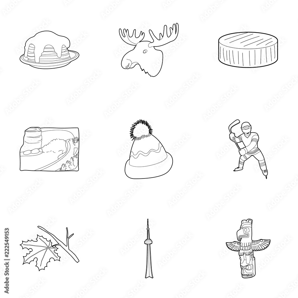 Holiday in Canada icons set. Outline illustration of 9 holiday in Canada vector icons for web Holiday in Canada icons set. Outline illustration of 9 holiday in Canada vector icons for web