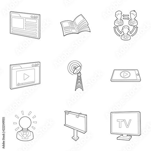 Broadcast icons set. Outline illustration of 9 broadcast vector icons for web