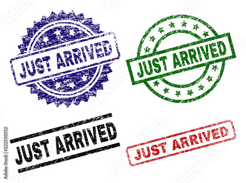 JUST ARRIVED seal prints with corroded surface. Black, green,red,blue vector rubber prints of JUST ARRIVED label with scratched surface. Rubber seals with round, rectangle, medal shapes.
