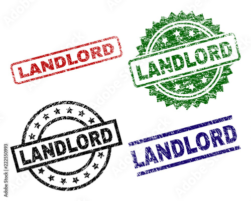 LANDLORD seal prints with damaged surface. Black, green,red,blue vector rubber prints of LANDLORD tag with unclean surface. Rubber seals with circle, rectangle, medal shapes.
