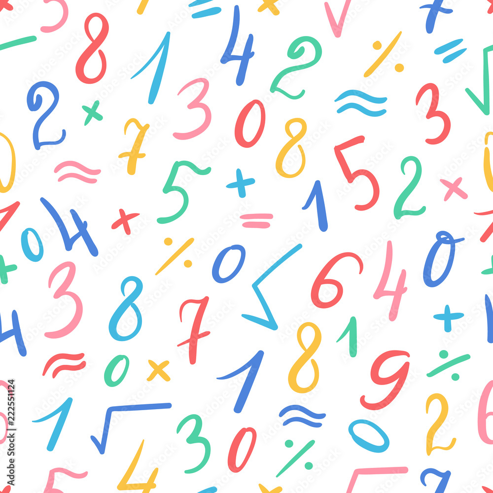 Seamless cute pattern of hand written colorful numbers and symbols on white background. Calligraphic mathematics pattern. Vector illustration