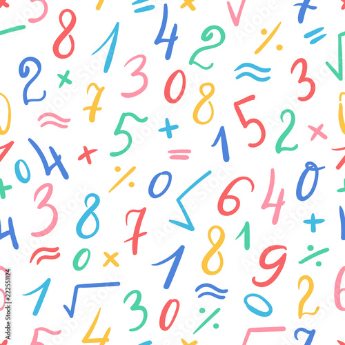 Seamless cute pattern of hand written colorful numbers and symbols on white background. Calligraphic mathematics pattern. Vector illustration
