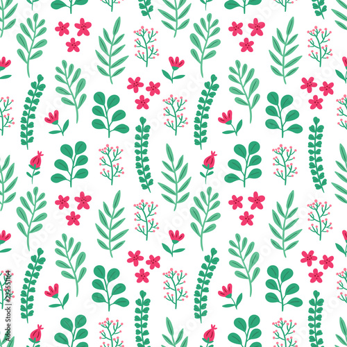 Seamless colorful floral pattern with wild red flowers on white background. Simple scandinavian style. Vector illustration