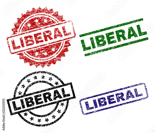 LIBERAL seal prints with damaged style. Black, green,red,blue vector rubber prints of LIBERAL tag with dirty style. Rubber seals with circle, rectangle, medallion shapes.