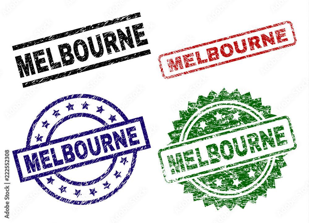MELBOURNE seal prints with distress texture. Black, green,red,blue vector rubber prints of MELBOURNE caption with dust texture. Rubber seals with round, rectangle, rosette shapes. MELBOURNE seal prints with distress texture. Black, green,red,blue vector rubber prints of MELBOURNE caption with dust texture. Rubber seals with round, rectangle, rosette shapes.