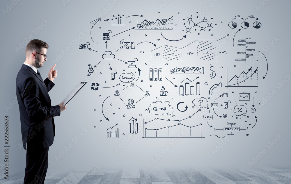 Manager staying and presenting office affairs for someone with graphs, icons reports around
Manager staying and presenting office affairs for someone with graphs, icons reports around