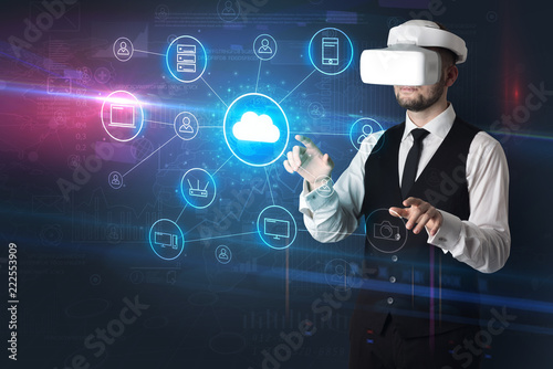 Businessman in vr glasses organize lifesize projected social media concept  