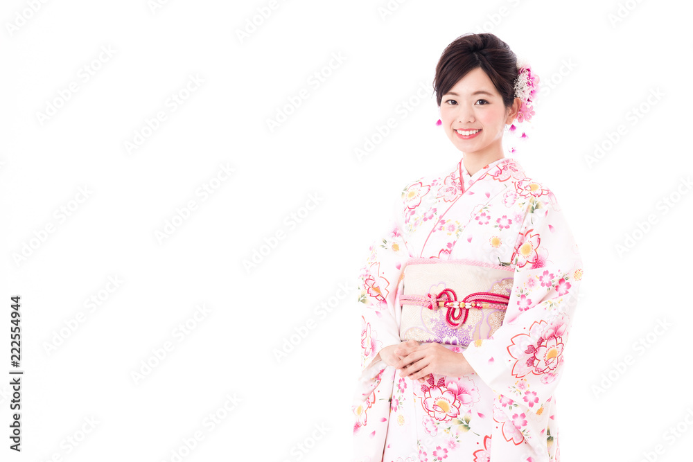 portrait of young asian woman wearing pink kimono on white background portrait of young asian woman wearing pink kimono on white background