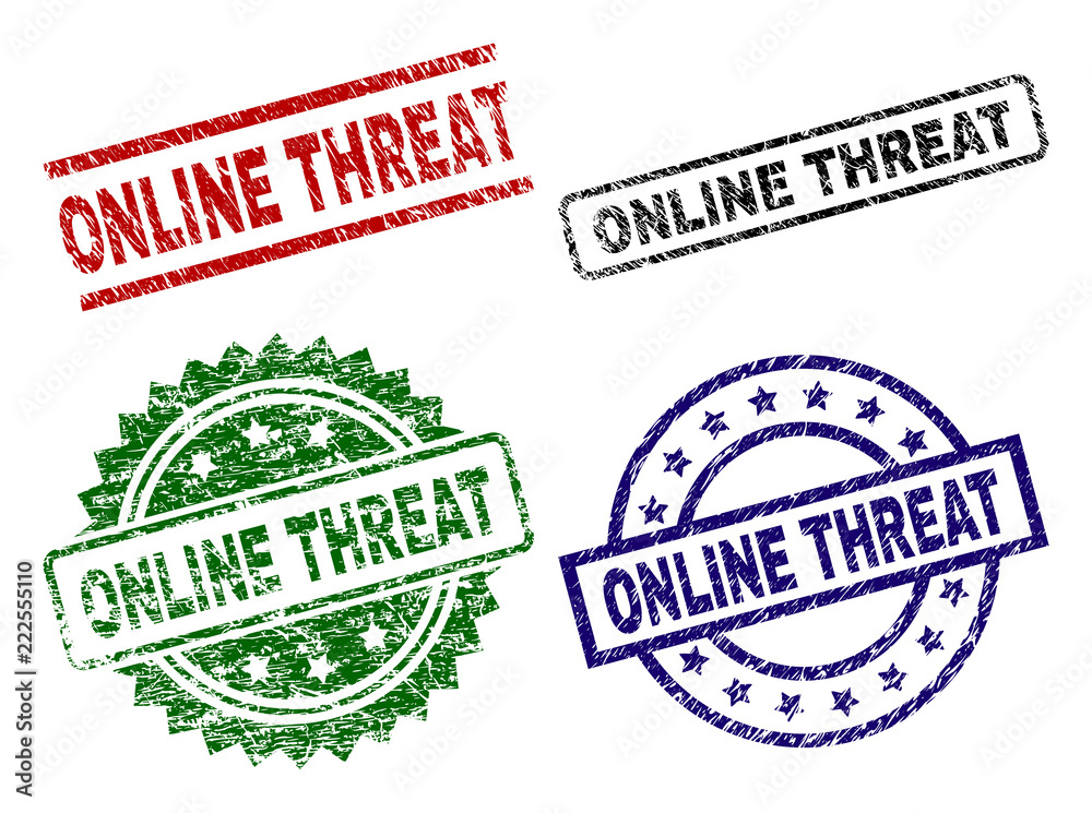 ONLINE THREAT seal prints with corroded style. Black, green,red,blue vector rubber prints of ONLINE THREAT title with dust surface. Rubber seals with circle, rectangle, medal shapes. ONLINE THREAT seal prints with corroded style. Black, green,red,blue vector rubber prints of ONLINE THREAT title with dust surface. Rubber seals with circle, rectangle, medal shapes.