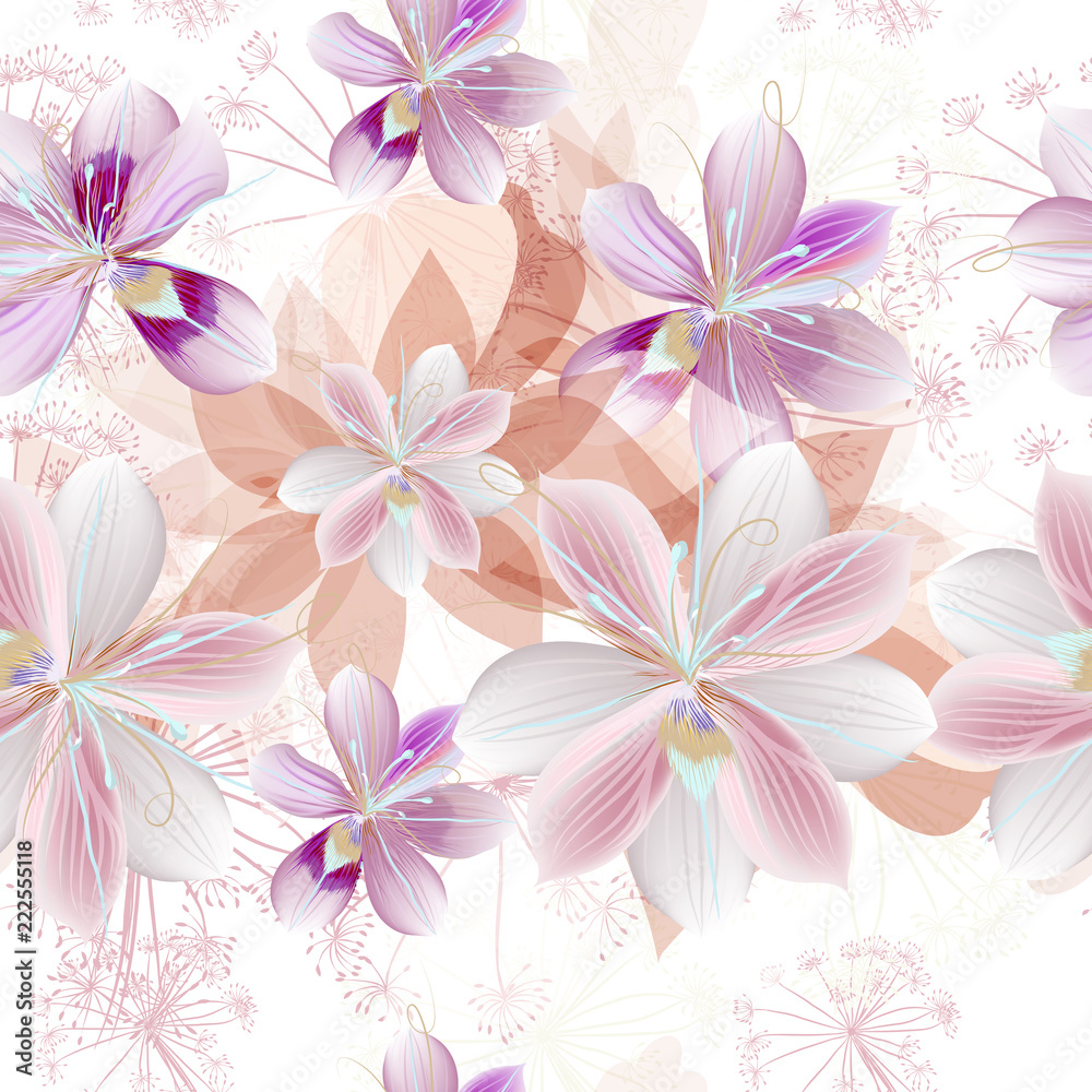 Floral vector pattern with beautiful pink flowers