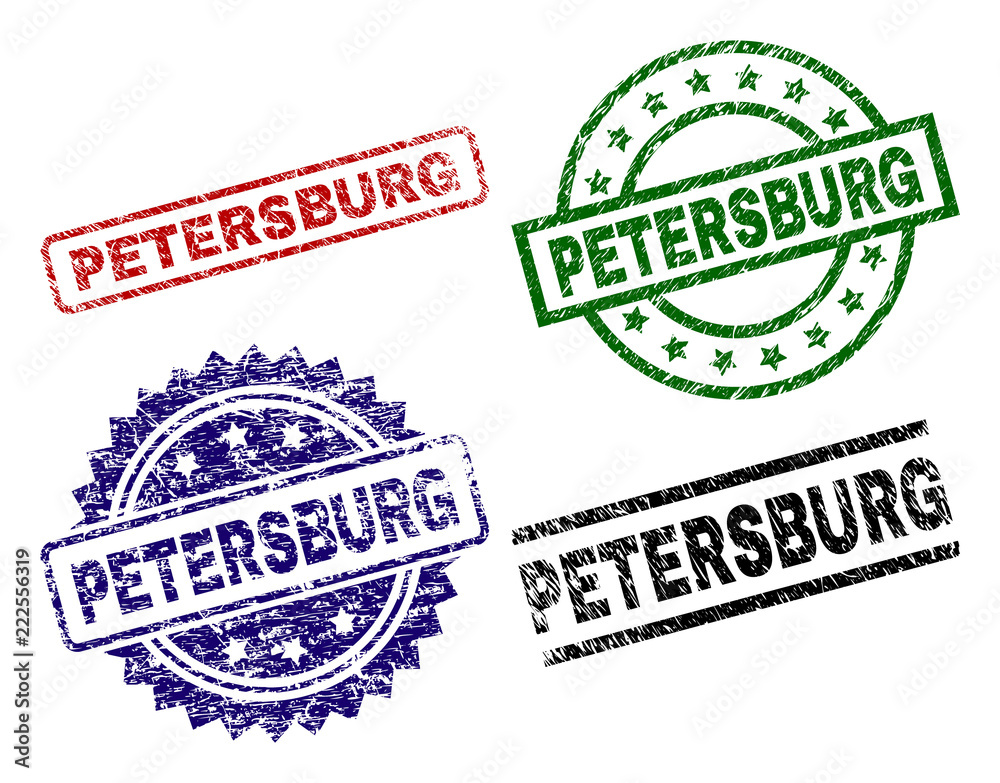 PETERSBURG seal prints with corroded surface. Black, green,red,blue vector rubber prints of PETERSBURG label with corroded surface. Rubber seals with round, rectangle, medallion shapes. PETERSBURG seal prints with corroded surface. Black, green,red,blue vector rubber prints of PETERSBURG label with corroded surface. Rubber seals with round, rectangle, medallion shapes.