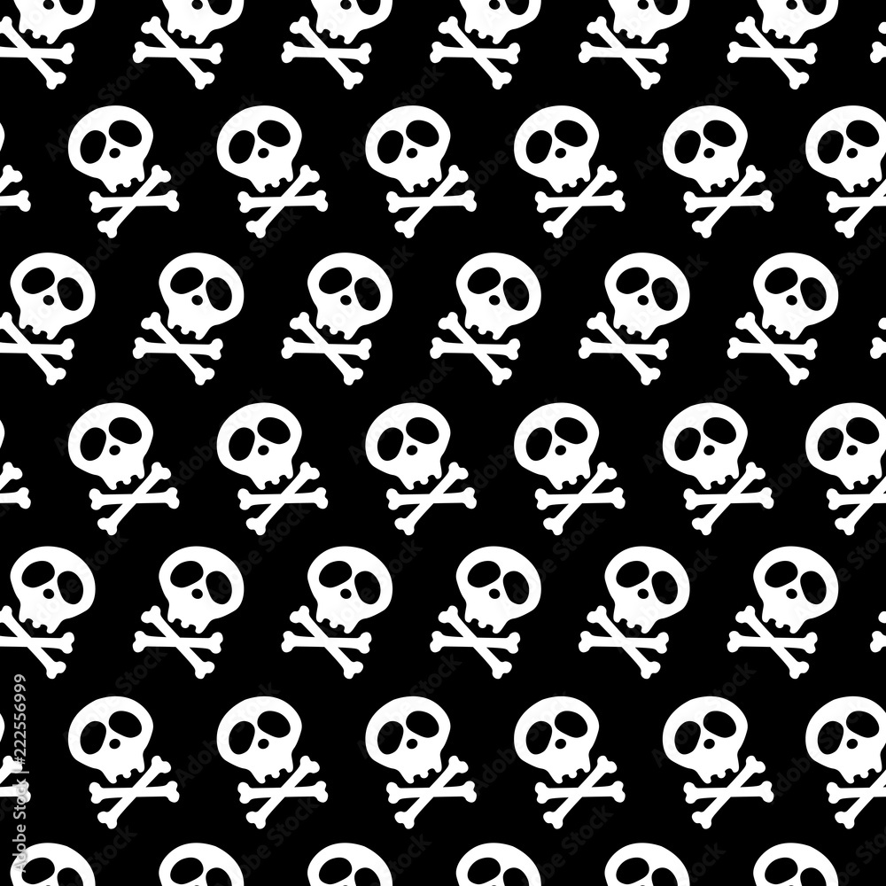 white Skull and bones crossed. Vector illustration. Seamless black background. poison. goths. halloween design and decoration white Skull and bones crossed. Vector illustration. Seamless black background. poison. goths. halloween design and decoration