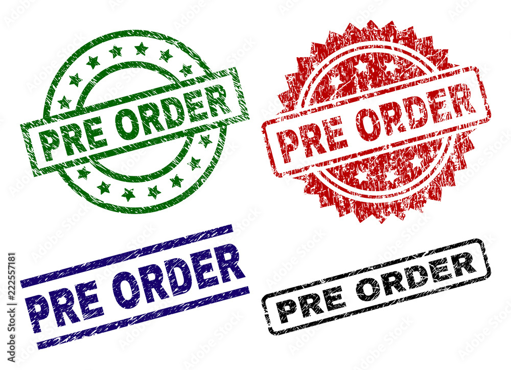 PRE ORDER seal stamps with corroded style. Black, green,red,blue vector  rubber prints of PRE ORDER text with corroded style. Rubber seals with  circle, rectangle, rosette shapes. Stock Vector