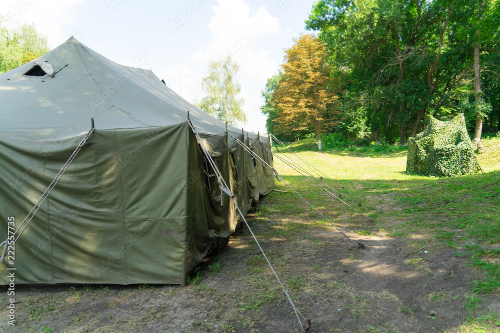 A large army tent. Installation of tents.