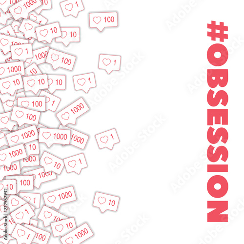 Social media icons. Social media obsession concept. Falling pink like counter. Scatter left gradient