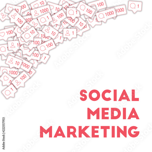 Social media icons. Social media marketing concept. Falling counter comment friend notification. Top
