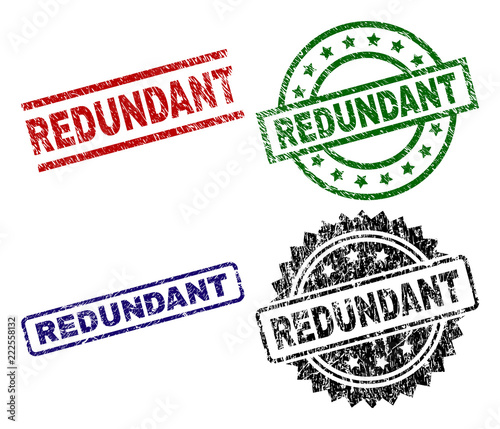 REDUNDANT seal prints with distress surface. Black, green,red,blue vector rubber prints of REDUNDANT label with dirty texture. Rubber seals with circle, rectangle, medal shapes.