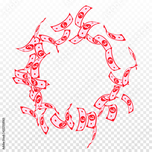 British pound notes falling. Floating GBP bills on transparent background. United Kingdom money. Aut