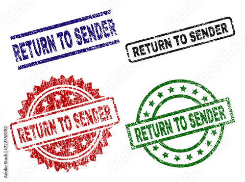 RETURN TO SENDER seal prints with distress style. Black, green,red,blue vector rubber prints of RETURN TO SENDER caption with retro style. Rubber seals with circle, rectangle, medallion shapes.