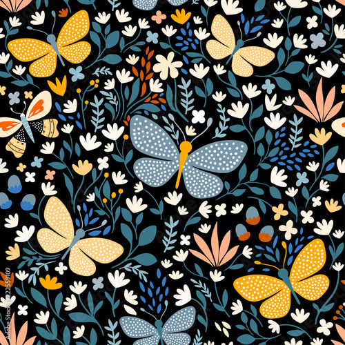 Floral seamless pattern with butterflies  hand drawn vector design