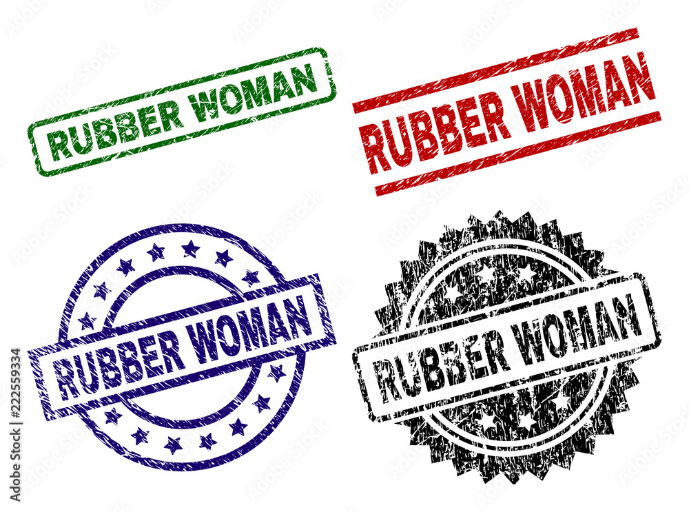 RUBBER WOMAN seal prints with corroded surface. Black, green,red,blue vector rubber prints of RUBBER WOMAN text with dirty style. Rubber seals with round, rectangle, medallion shapes.