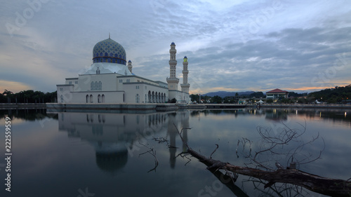 Beautiful sunrise blue hour and reflection of Floating Mosque Of Kota Kinabalu, Sabah. 