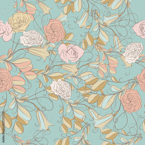 Floral pattern with vector flowers and swirls