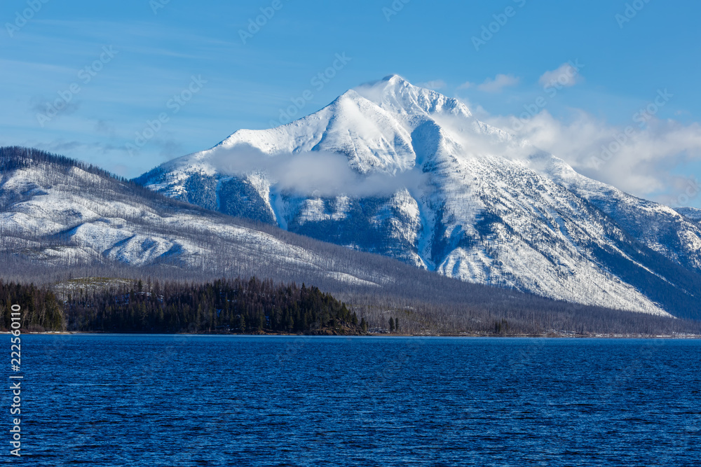 Mountain peak in late winter above Lake McDonald, Glacier National Park, Montana
