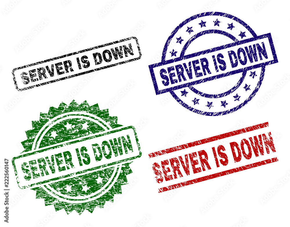 SERVER IS DOWN seal prints with distress surface. Black, green,red,blue vector rubber prints of SERVER IS DOWN label with dust surface. Rubber seals with round, rectangle, rosette shapes. SERVER IS DOWN seal prints with distress surface. Black, green,red,blue vector rubber prints of SERVER IS DOWN label with dust surface. Rubber seals with round, rectangle, rosette shapes.
