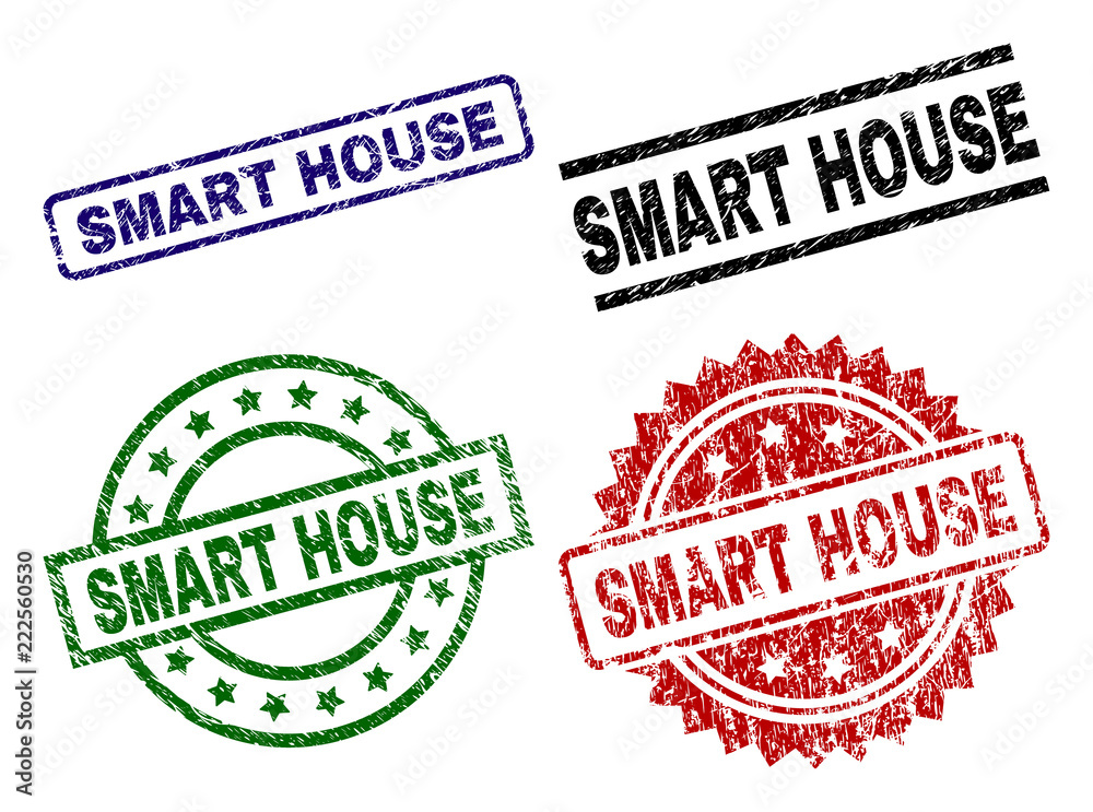 SMART HOUSE seal prints with corroded style. Black, green,red,blue vector rubber prints of SMART HOUSE tag with corroded style. Rubber seals with round, rectangle, medal shapes.