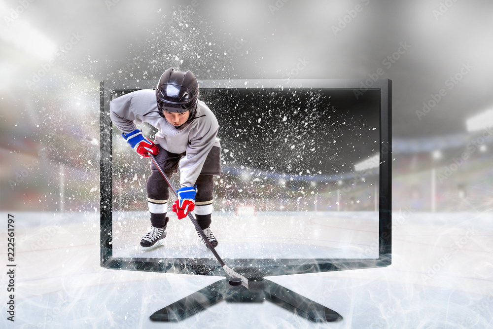 Obraz premium Junior Ice Hockey Player on Live 3D TV Inside Stadium
