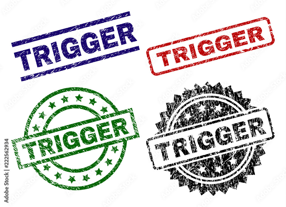 TRIGGER seal prints with corroded style. Black, green,red,blue vector rubber prints of TRIGGER title with grunge style. Rubber seals with circle, rectangle, medallion shapes. TRIGGER seal prints with corroded style. Black, green,red,blue vector rubber prints of TRIGGER title with grunge style. Rubber seals with circle, rectangle, medallion shapes.
