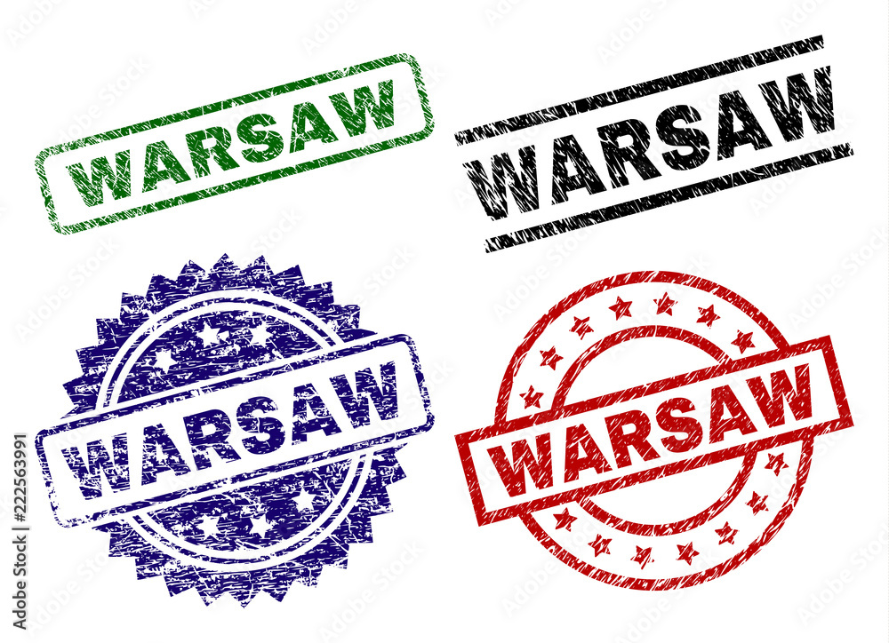 WARSAW seal prints with distress style. Black, green,red,blue vector rubber prints of WARSAW text with retro style. Rubber seals with round, rectangle, medal shapes.