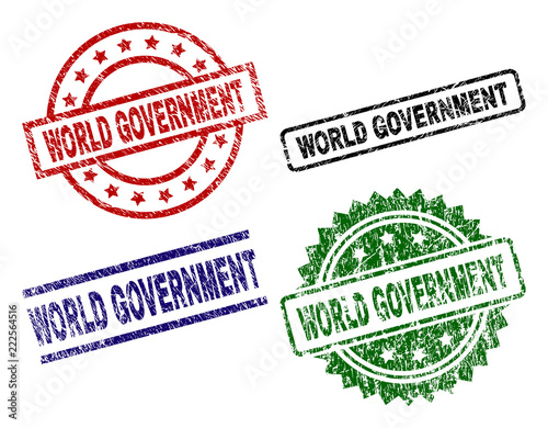 WORLD GOVERNMENT seal prints with distress texture. Black, green,red,blue vector rubber prints of WORLD GOVERNMENT tag with unclean texture. Rubber seals with round, rectangle, medallion shapes.